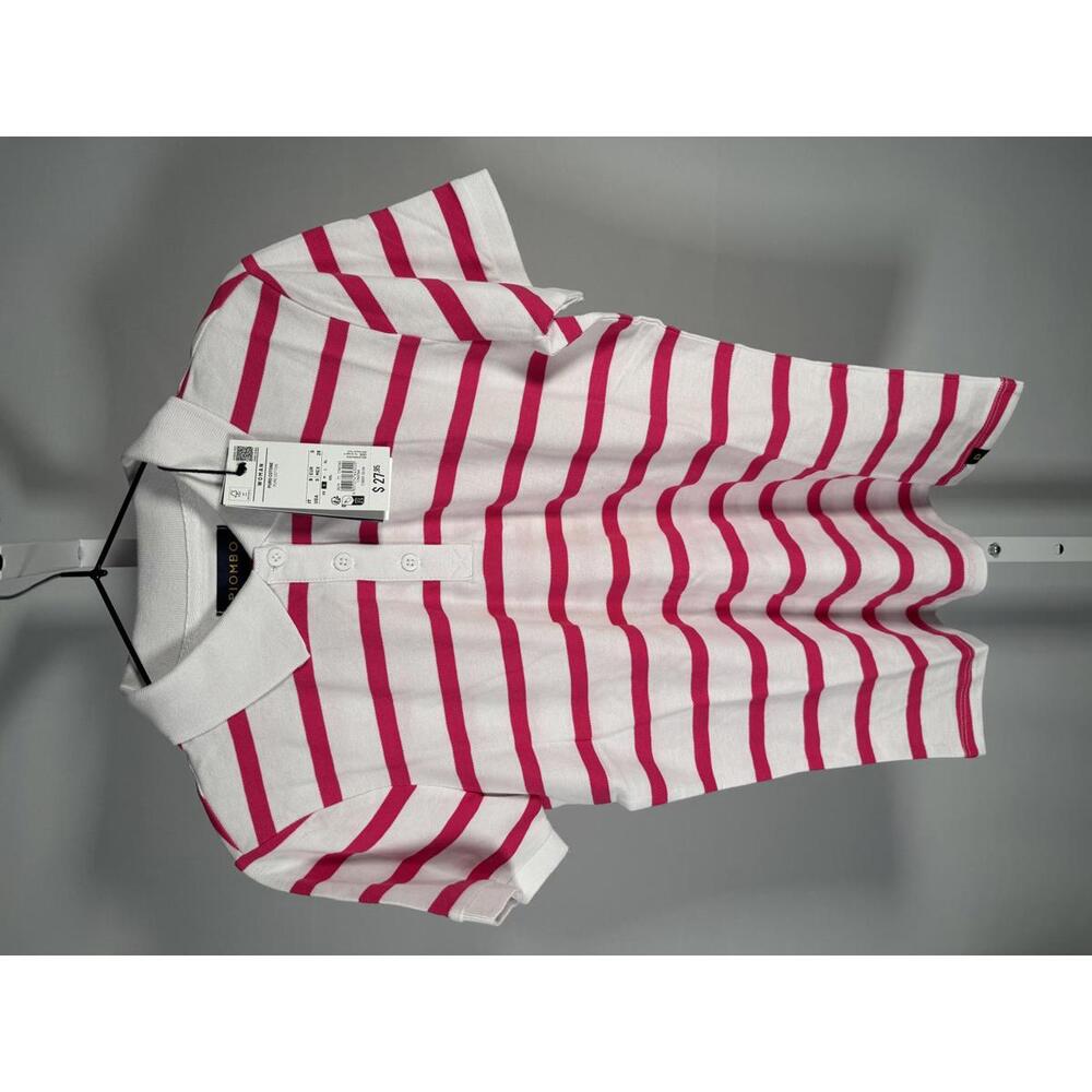 NWT Piombo Pink White Stripe Short Sleeve Pique Polo Shirt Womens US Size S - Picture 3 of 9